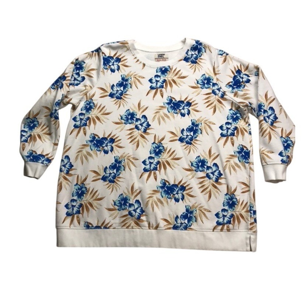 Lands End Womens Plus Size 2X 20W 22W‎ White Floral Sweatshirt Top Pullover